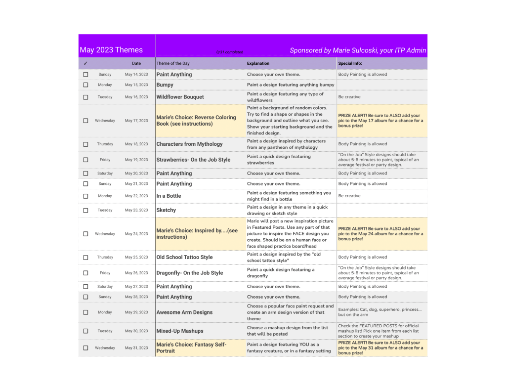 May Inspiration to Paint Daily Face Painting Challenge Theme List Part 2 May Art Prompts