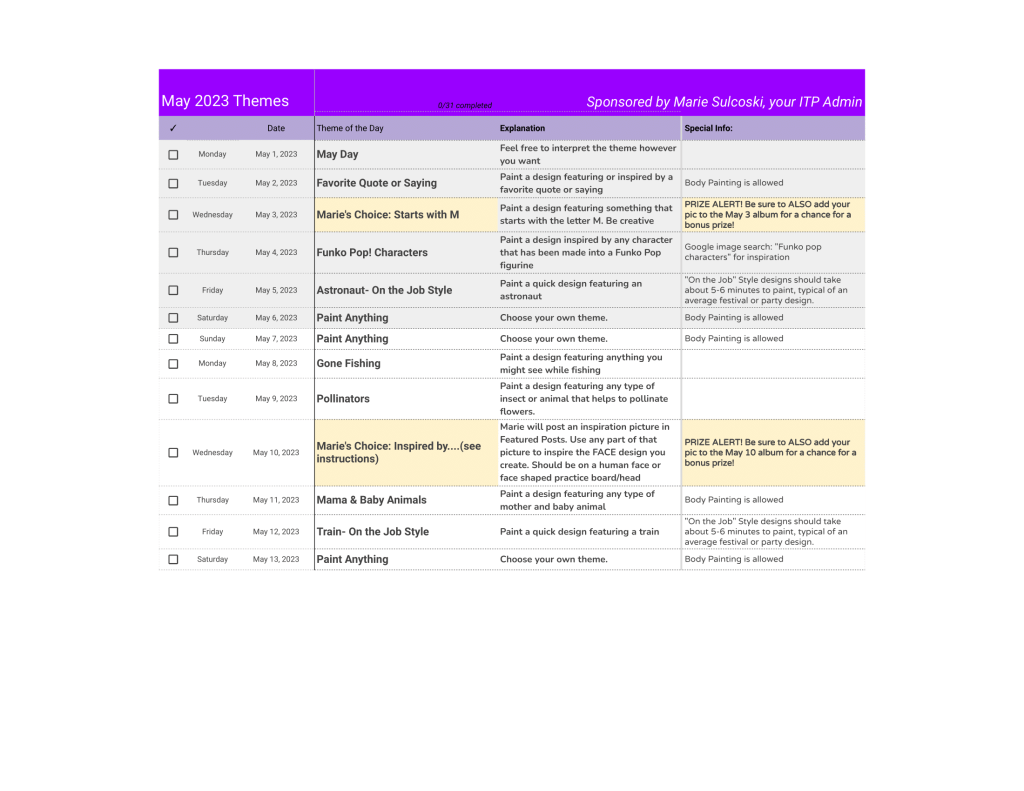 May Inspiration to Paint Daily Face Painting Challenge Theme List Part 1 May Art Prompts