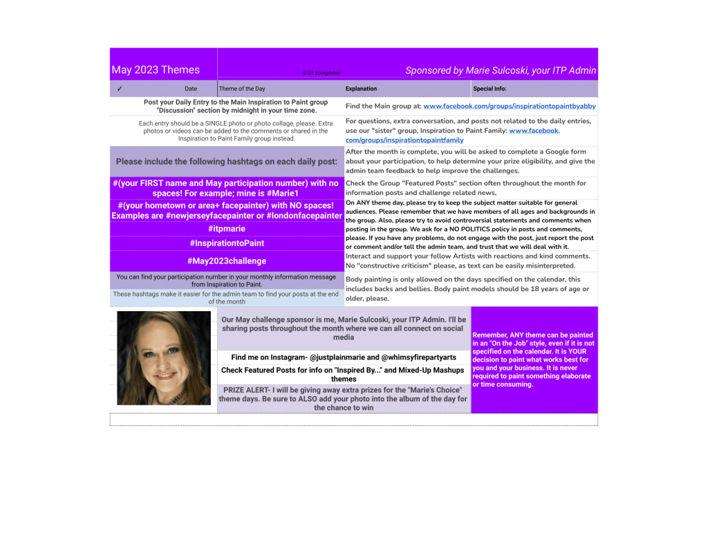 May Inspiration to Paint Daily Face Painting Challenge Theme List Part 3 May Art Prompts