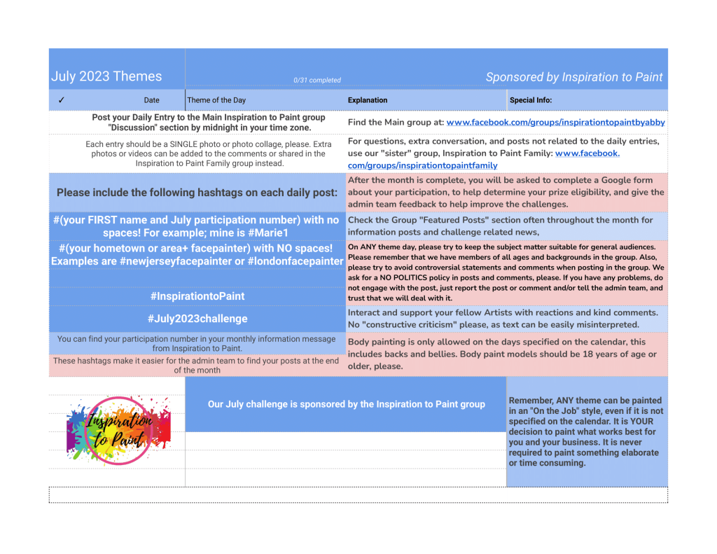 May 2023 Theme List Page 3 July 2023 Inspiration to Paint Daily theme list part 3