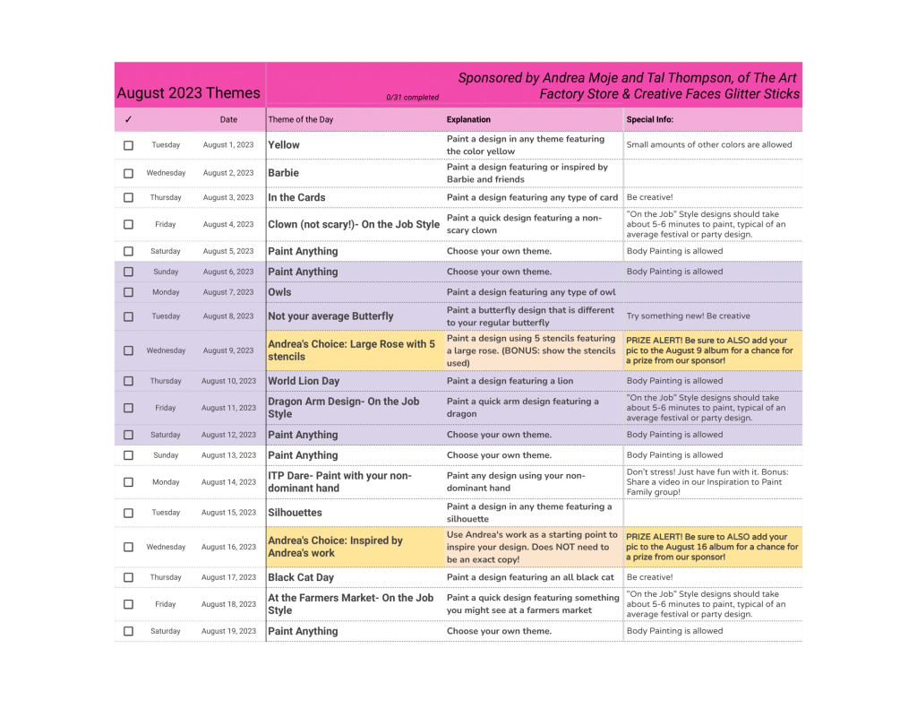 May 2023 Theme List page 1 August 2023 Inspiration to Paint theme list page 1