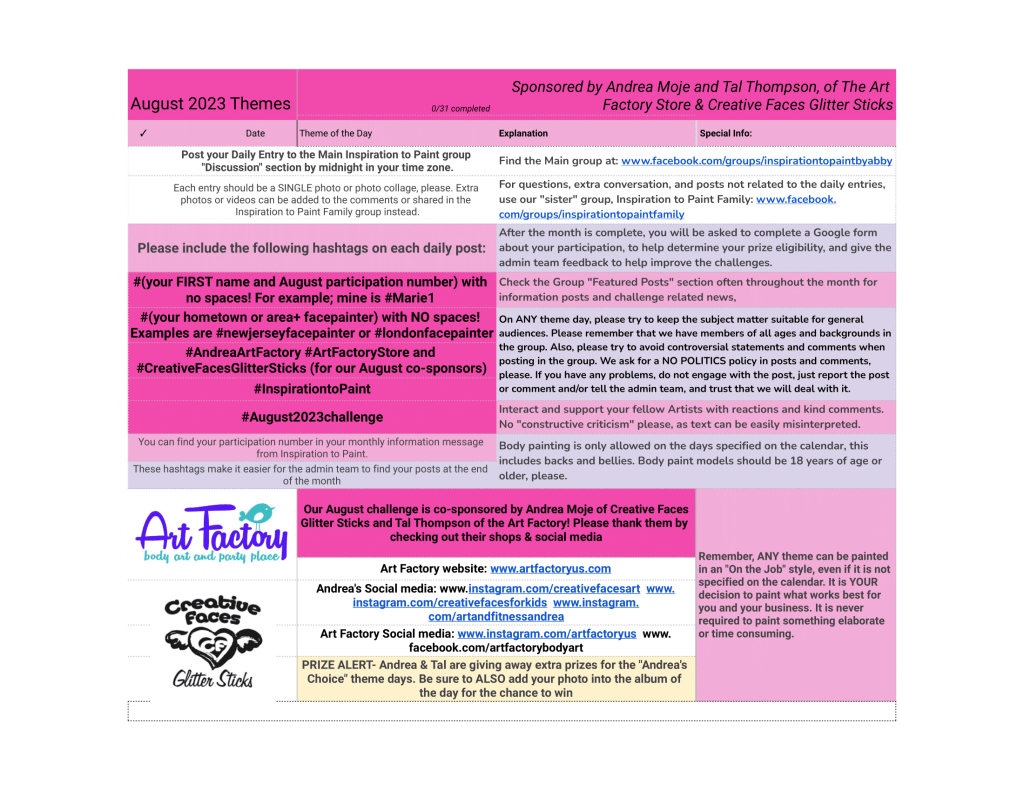 May 2023 Theme List Page 3 August 2023 Inspiration to Paint theme list page 3